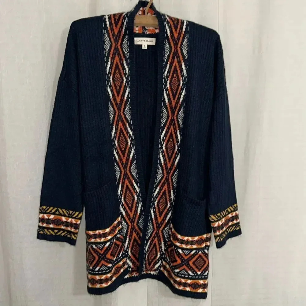 Lucky Brand Navy Orange White Gold Aztec Ribbed Knit Open Front Pocket Cardigan